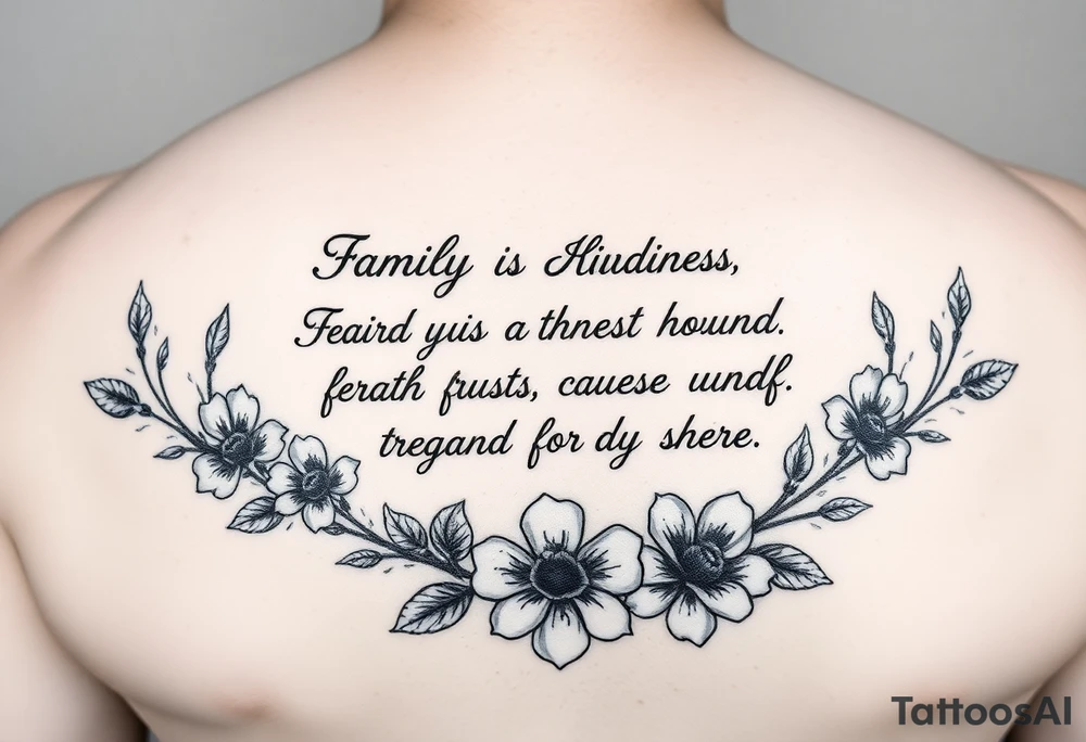 Meaningful quotes that has meanings such as family, love, kindness, fairness, respect, trust, loyalty, humour, honesty, hardworking, thoughtful, sharing and it has some flowers as a background or just around it thats on the lower back tattoo idea