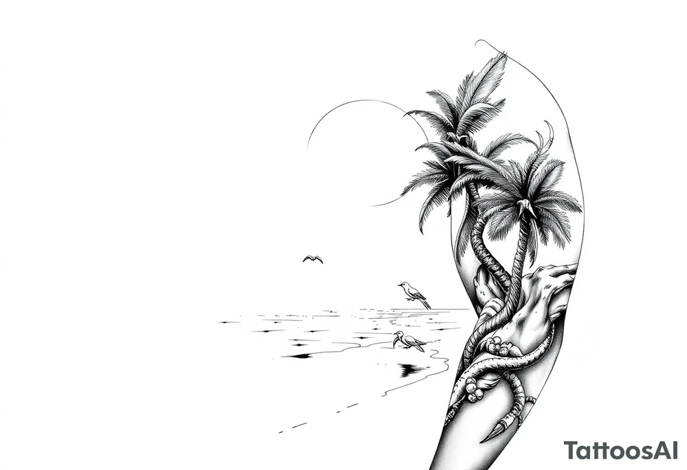 palm tree, sun, beach, birds tattoo idea