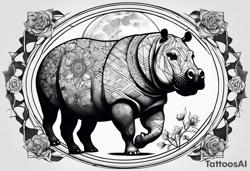 Very asymmetrical, +geometric pattern, with realistic full moon, with seeious looking hippo, with zen feel,
with wintersweet flower bud, +portrait orientation, +inkart touch, tattoo idea