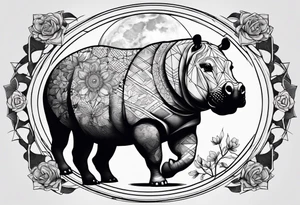 Very asymmetrical, +geometric pattern, with realistic full moon, with seeious looking hippo, with zen feel,
with wintersweet flower bud, +portrait orientation, +inkart touch, tattoo idea
