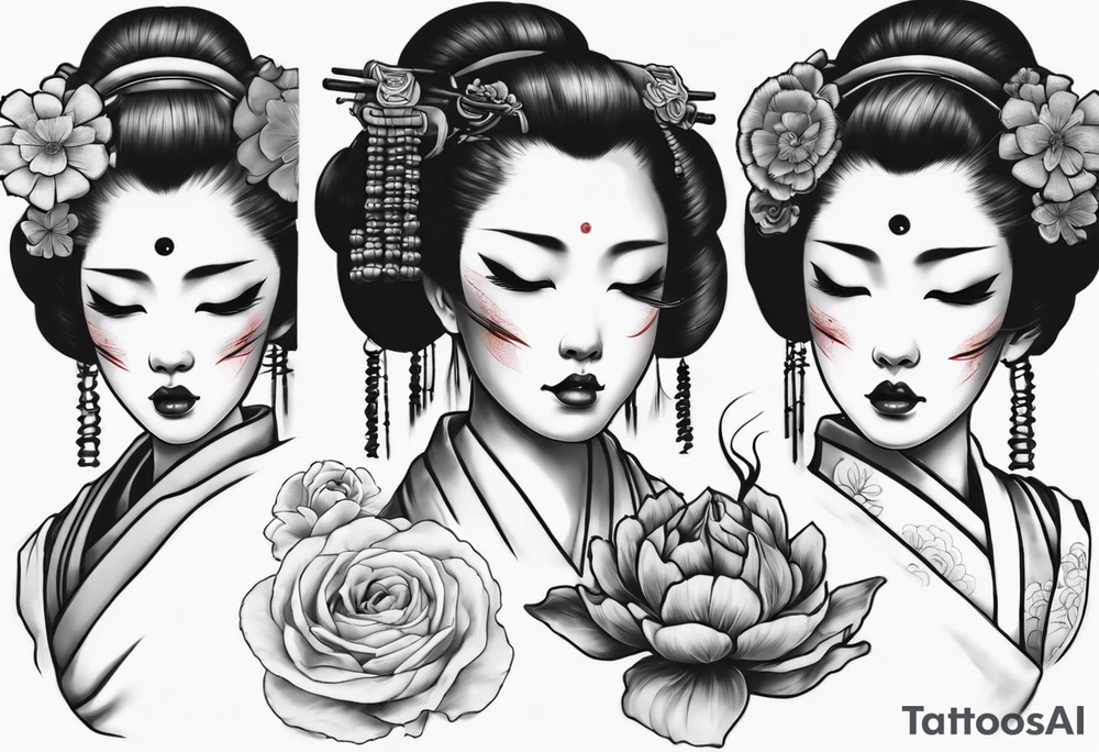 geisha face with two eyes closed and third realistic eye open tattoo idea