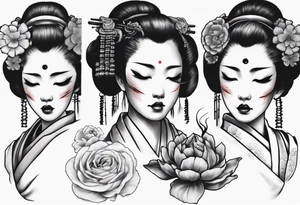 geisha face with two eyes closed and third realistic eye open tattoo idea
