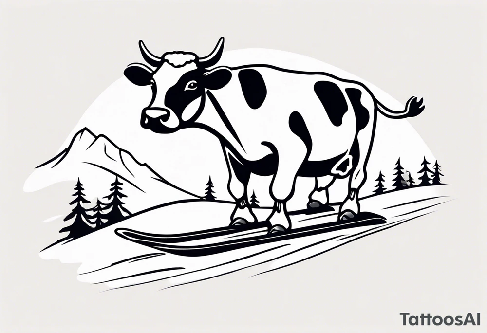 Generate a minimalist and simple black and white tattoo design featuring a joyful cow snowboarding, wearing goggles. Focus on essential lines and details to convey the playful spirit of the scene. The cow should exude confidence while effortlessly snowboarding down a snowy slope. Keep the design clean and uncluttered, suitable for a small to medium-sized tattoo space. Emphasize the charm and whimsy with the addition of goggles, ensuring the overall aesthetic remains simple and minimalistic. The goal is to create a visually appealing and easily recognizable tattoo that captures the essence of a cow enjoying a snowboarding adventure tattoo idea