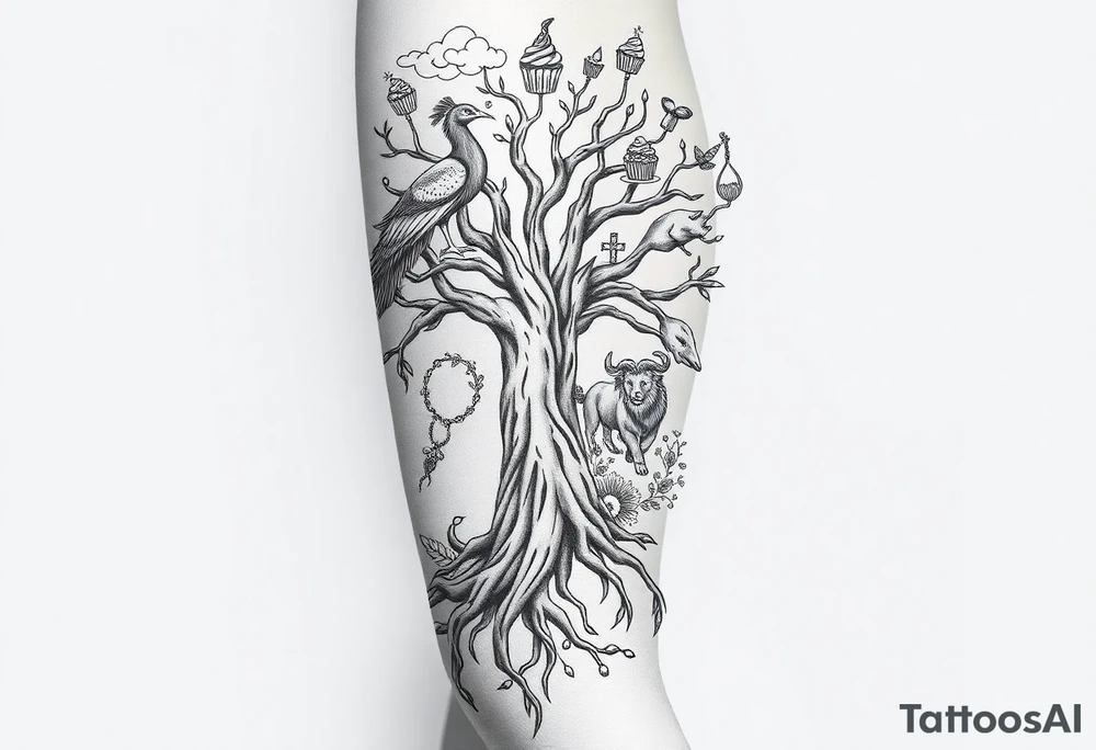 mystical tree of life with cosmic roots and celestial branches fat naked sexy woman , peacock , pig , cupcakes, liquor, cigerette, Storm clouds, pig, peacock , fat sexy naked fat woman, cupcakes, noose , money, goat, lion, couple having sex, cigerette storm lightening, killing, darkness tattoo idea