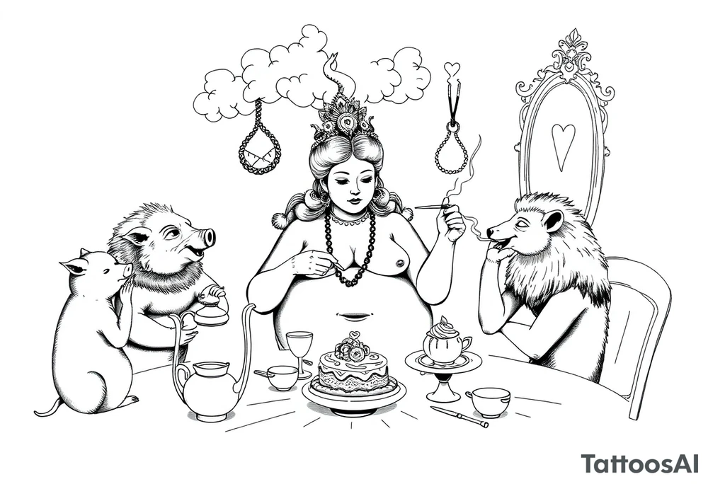 naked fat lady having a tea party with tea pots and 
with a pig, peacock, noose, lion, goat, smoking cigerettes looking in the mirror having sex with a man eating a cake thru storm clouds with knife and broken hearts and darkness and wrath, envy , gluttony, greed, sloth, pride tattoo idea