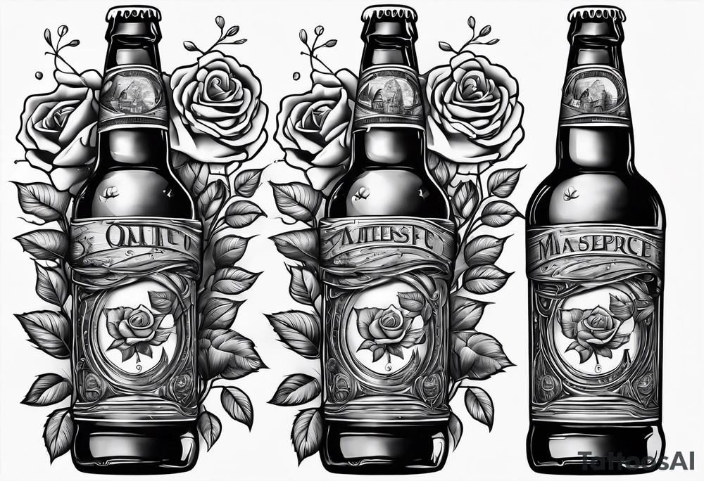 A bottle of beer and a stalk of rose in the bucket tattoo idea