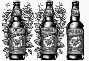 A bottle of beer and a stalk of rose in the bucket tattoo idea