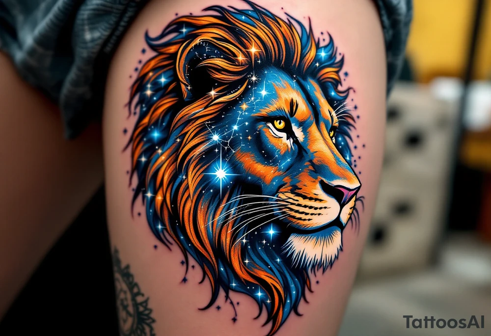 The Leo vivid star constellation is woven into the flowing mane of a copper-toned lion, with cosmic blues and silvers. tattoo idea