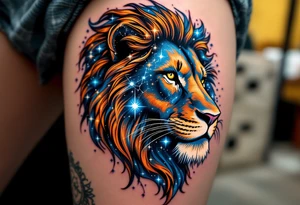 The Leo vivid star constellation is woven into the flowing mane of a copper-toned lion, with cosmic blues and silvers. tattoo idea