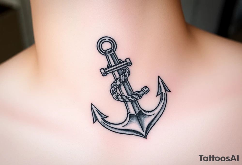 weathered anchor wrapped in nautical rope with sea waves tattoo idea