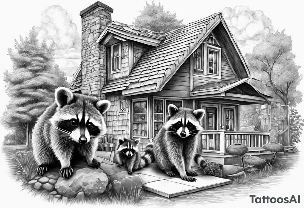 Raccoon Family in Front of her New house.
The Husband hast Tools in His Hands.
The wife holds a cake.
The Childs plays with a ball tattoo idea