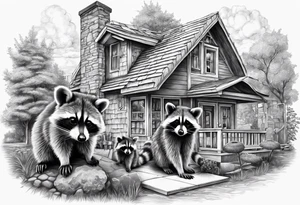 Raccoon Family in Front of her New house.
The Husband hast Tools in His Hands.
The wife holds a cake.
The Childs plays with a ball tattoo idea