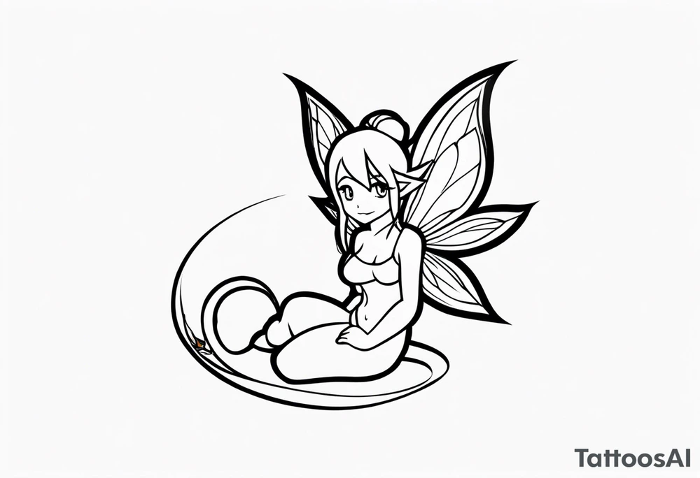 A fairy with a tail inspired by the logo of the show called Fairy Tail in a fetal position leaning in tattoo idea