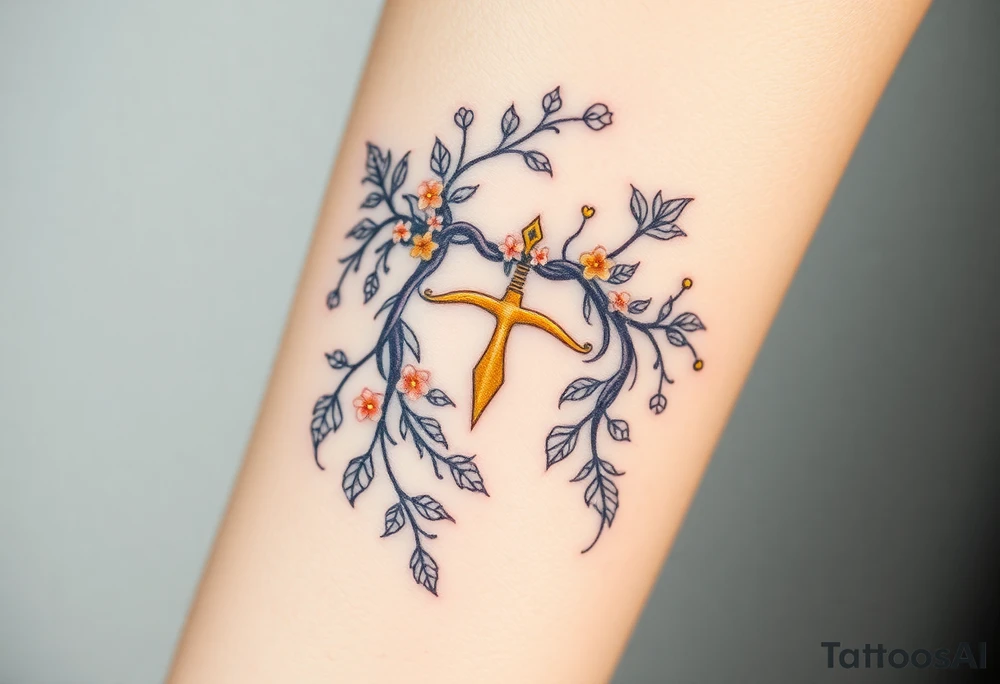 An enchanted bow made of intertwining vines and flowers, with golden Sagittarius glowing among the leaves tattoo idea