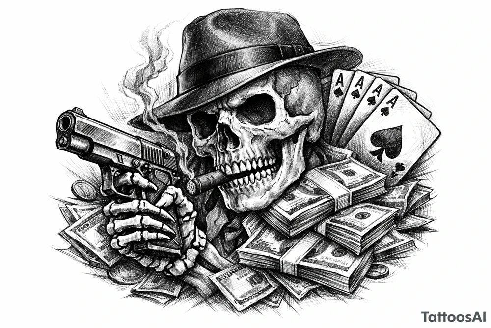 skull with gangster-hat,cigar in his mouth,gun in a skeleton-hand,playing cards,a lot of money. tattoo idea