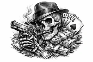 skull with gangster-hat,cigar in his mouth,gun in a skeleton-hand,playing cards,a lot of money. tattoo idea