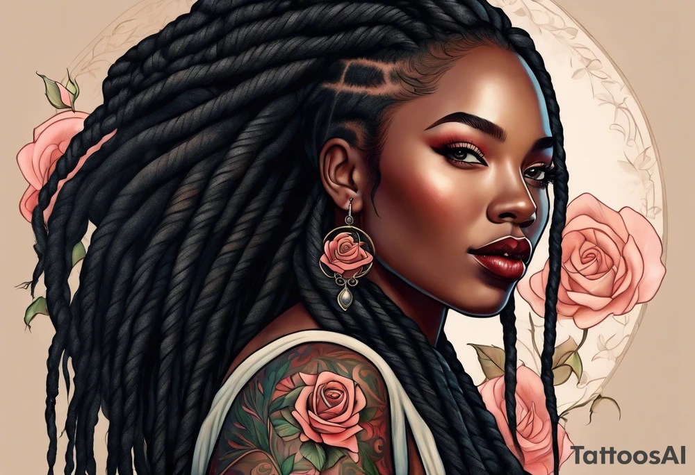 beautiful thick black women with long straight dreadlocks, holding a beautiful single rose,, pastel, old school traditional style, ethereal tattoo idea