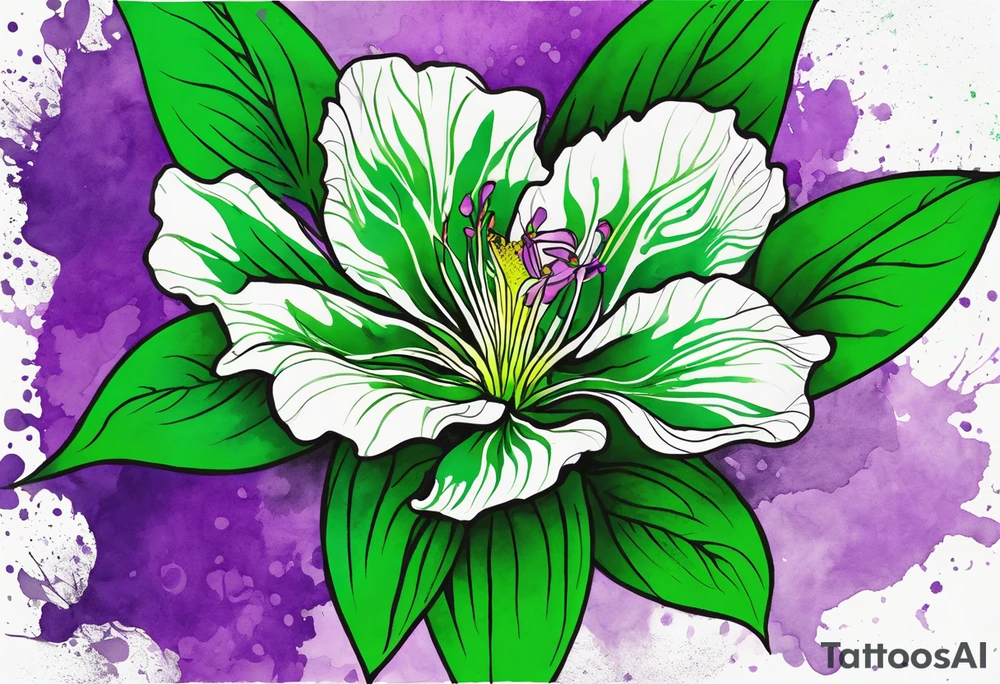 An outline of an only green rio dipladenia flower and a green and purple watercolor splash in the background tattoo idea