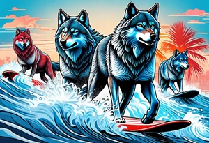 a pack muscular of gray wolves surfing with a tropical background with red white and blue hues tattoo idea