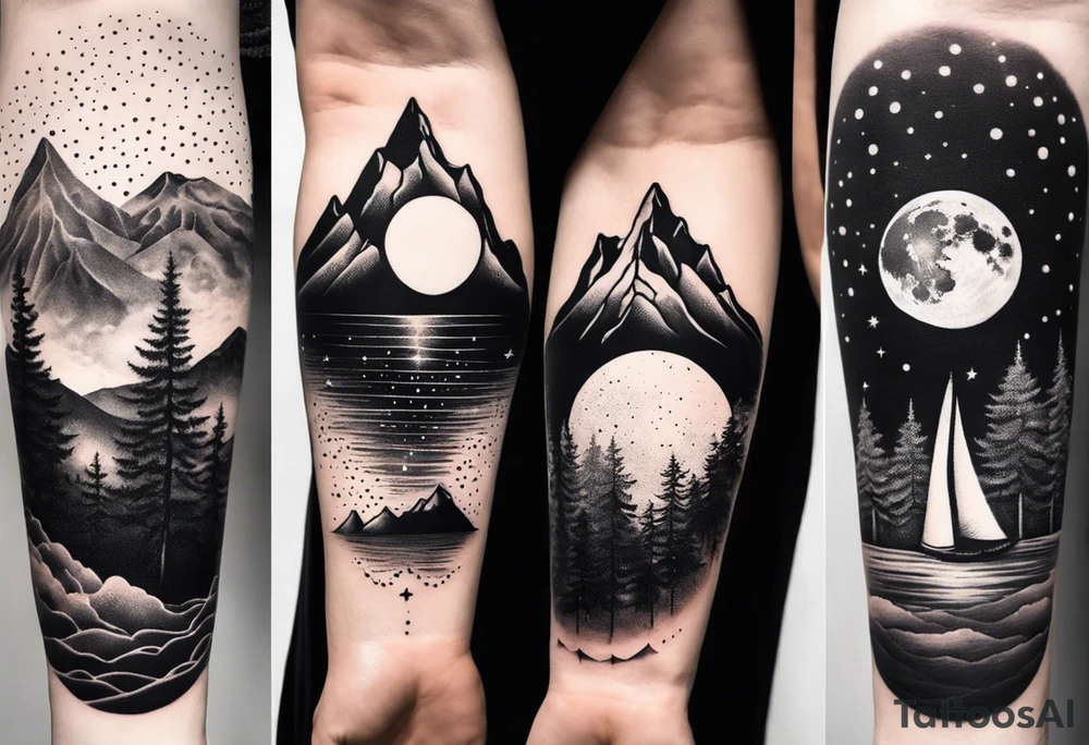 nature with mountains, waterfall, water, and a family of three in the background and and moon/sun in the sky with stars tattoo idea