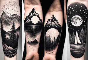 nature with mountains, waterfall, water, and a family of three in the background and and moon/sun in the sky with stars tattoo idea