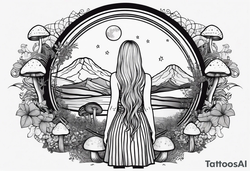 Straight blonde hair girl facing away toward mountains surrounded by mushrooms crescent moon mandala circular design black and white striped dress tattoo idea