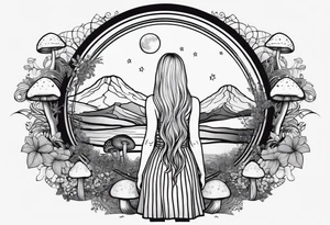 Straight blonde hair girl facing away toward mountains surrounded by mushrooms crescent moon mandala circular design black and white striped dress tattoo idea