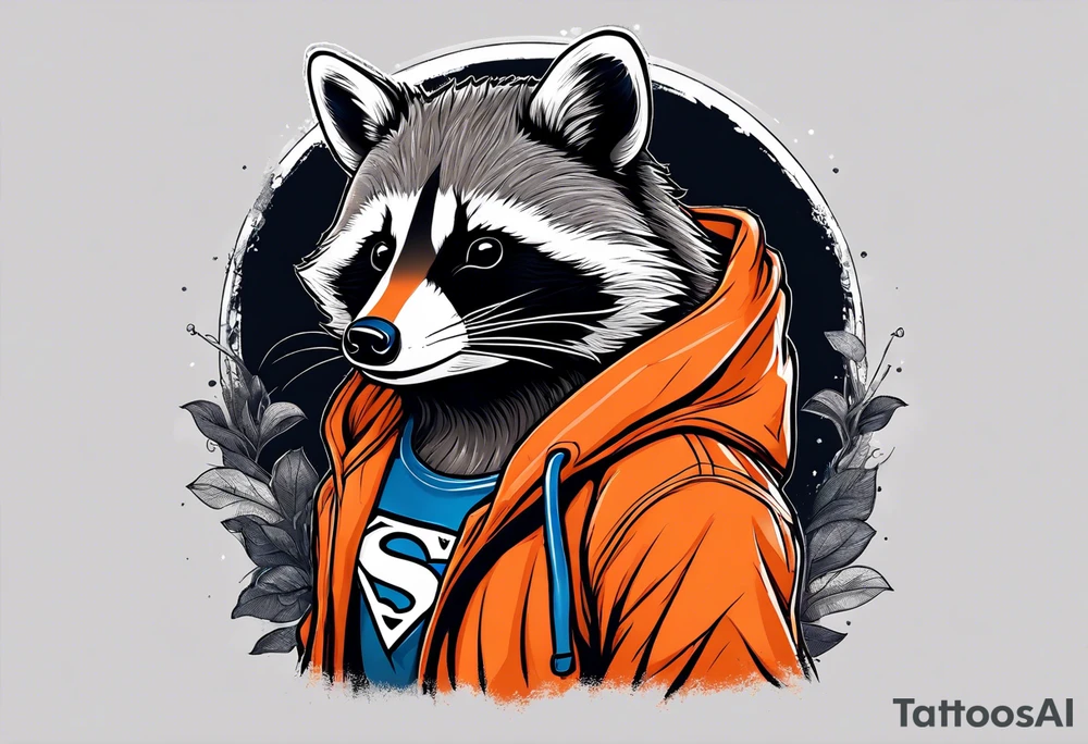 Raccoon wearing an orange Superman hoodie tattoo idea