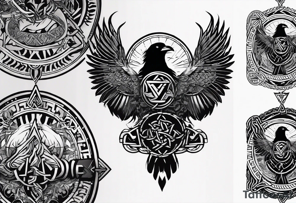 Thin line of a Nordic chain that surrounds the forearm composed by Yggdrasil, Valknut, Uruz (ᚢ), Raido (ᚱ), Gebo (ᚷ), Perthro (ᛈ), Elhaz (ᛉ), Laguz (ᛚ) and Odin’s Ravens. tattoo idea