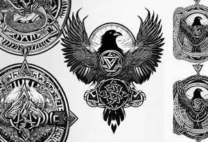 Thin line of a Nordic chain that surrounds the forearm composed by Yggdrasil, Valknut, Uruz (ᚢ), Raido (ᚱ), Gebo (ᚷ), Perthro (ᛈ), Elhaz (ᛉ), Laguz (ᛚ) and Odin’s Ravens. tattoo idea