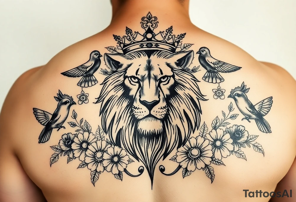 powerful majestic lion with a crown, surrounded by floral ornaments and birds tattoo idea