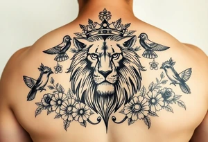 powerful majestic lion with a crown, surrounded by floral ornaments and birds tattoo idea