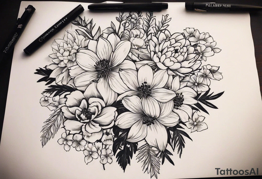 I want a full sleeve that tells the story of the people most important to me. I want my daughter’s birth flowers. One daughter’s birth flowers are larkspur and water lily. My second daughters birth flowers are chrysanthemum and peony. I also want a Palm tree and juniper tree represented because their names are Palmer and Juniper. I want my husband and I represent in some way as well. My husbands birth flowers are Iris and violet. My birth flowers are hawthorn and lily of the valley. Add a juniper tree and palm tree tattoo idea