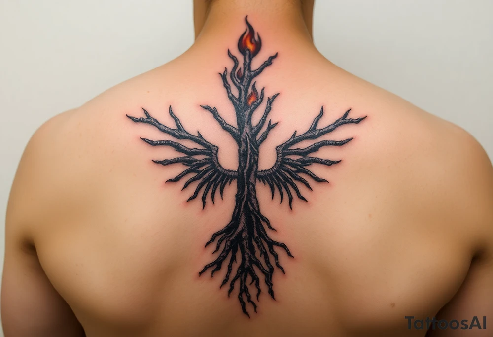 1. “Burnt Offerings”
Theme: Healing through destruction.
Visual: Charred tree roots climbing up your spine, turning into flames halfway, then slowly transforming into skeletal wings—unfinished, like you stopped mid-rebirth. The middle of the spine glows dimly, like coals never fully put out.
Vibe: You survived, but not clean. You carry the burn. tattoo idea
