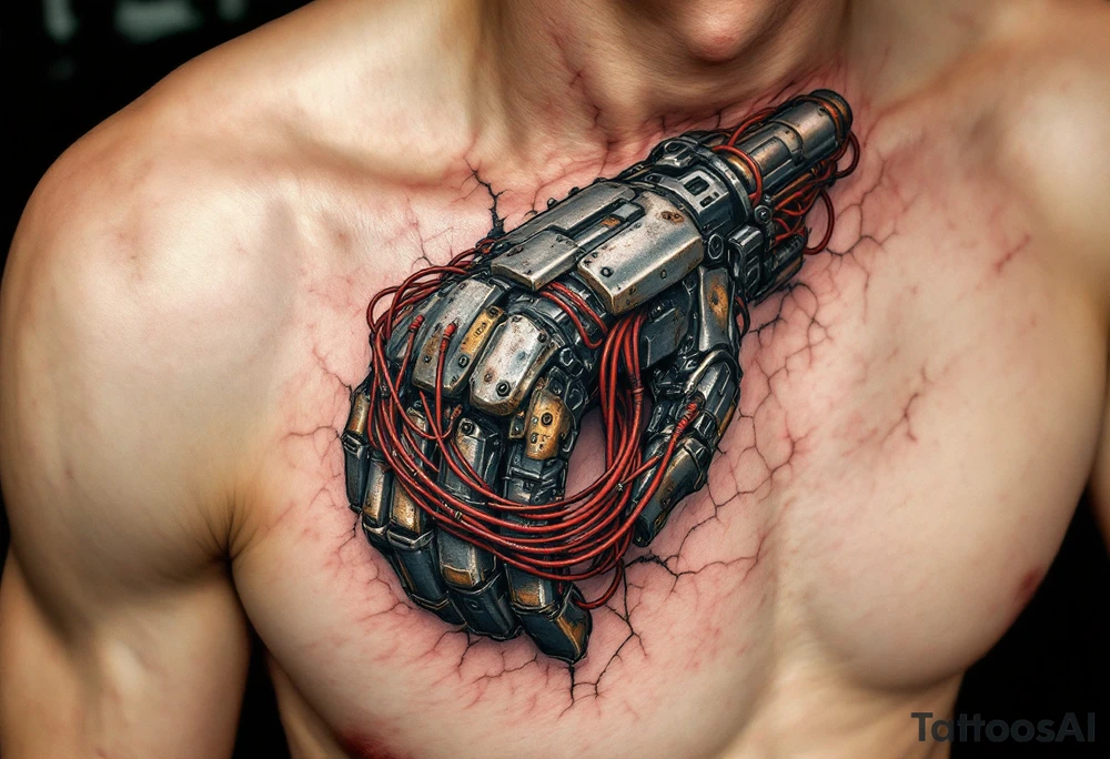 A biomech hand built from rusted iron plates and crimson wires, emerging from beneath cracked human skin. tattoo idea