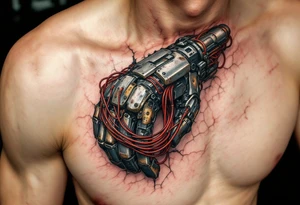 A biomech hand built from rusted iron plates and crimson wires, emerging from beneath cracked human skin. tattoo idea