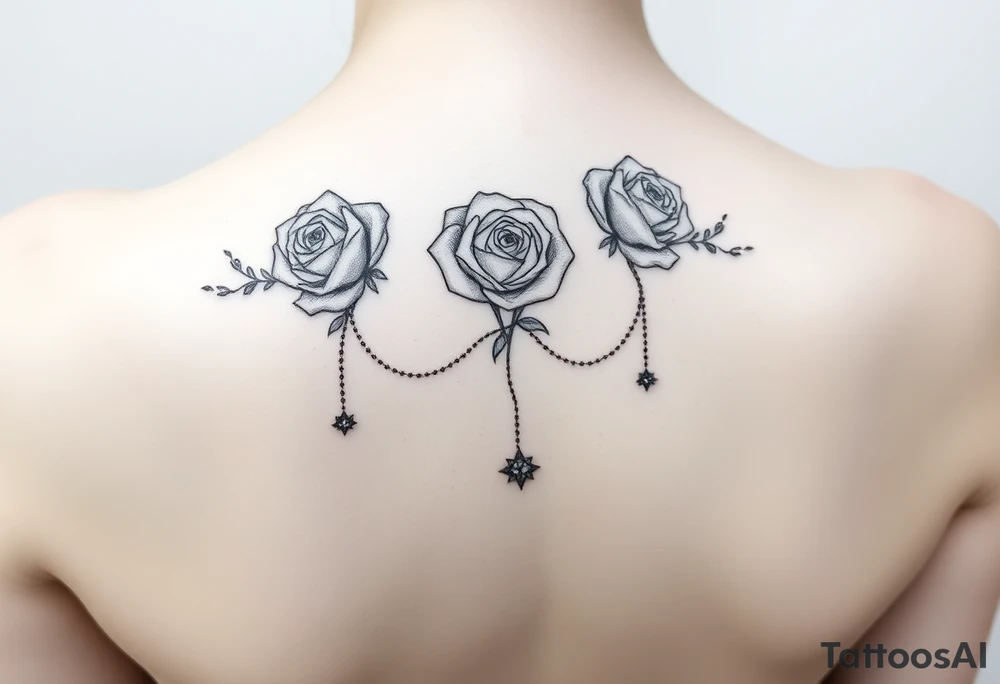 roses, gemstones on chains, stars tattoo idea