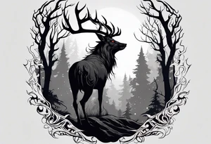 A spooky dead lore accurate wendigo side profile surrounded by a forest fire in background tattoo idea