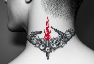 deepfull description of details with clouds,fire guns, money,angels and red tattoo idea