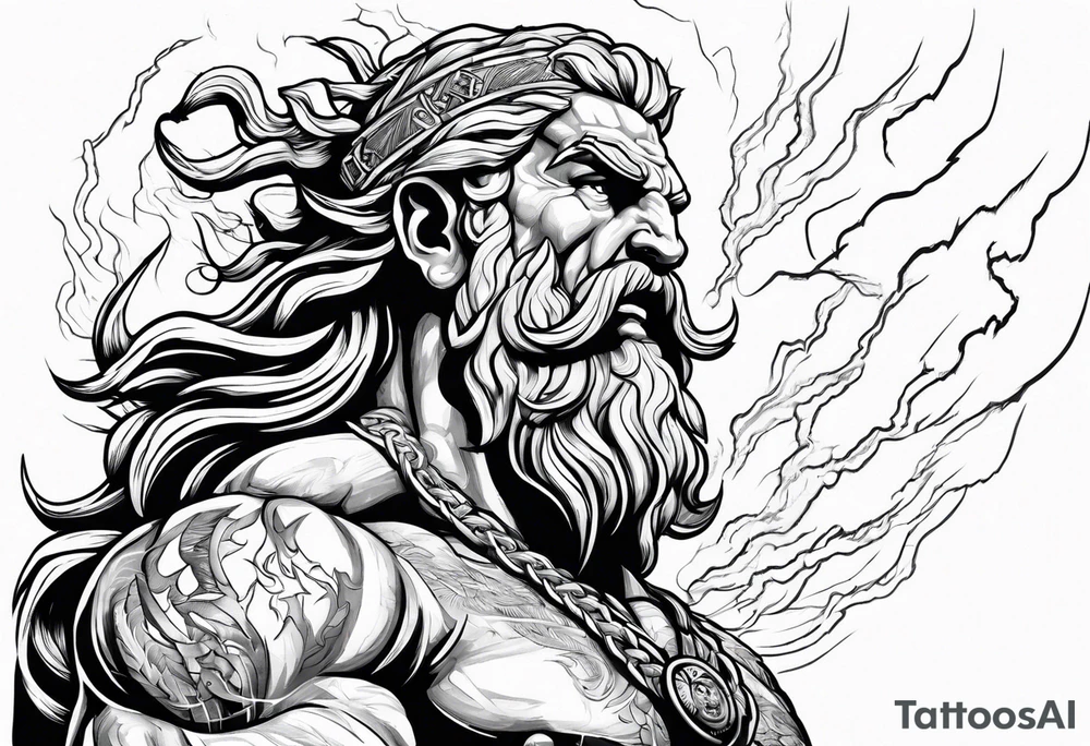 The enraged god Zeus the Thunderer with lightning bolts in a furious tattoo idea