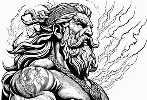 The enraged god Zeus the Thunderer with lightning bolts in a furious tattoo idea