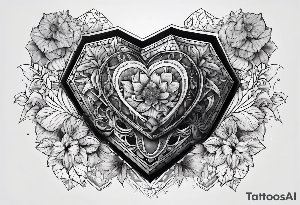 hexagon chest heart tattoo idea