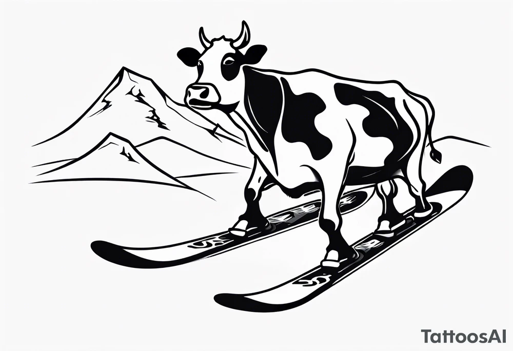 Generate a minimalist and simple black and white tattoo design featuring a joyful cow snowboarding, wearing goggles. Focus on essential lines and details to convey the playful spirit of the scene. The cow should exude confidence while effortlessly snowboarding down a snowy slope. Keep the design clean and uncluttered, suitable for a small to medium-sized tattoo space. Emphasize the charm and whimsy with the addition of goggles, ensuring the overall aesthetic remains simple and minimalistic. The goal is to create a visually appealing and easily recognizable tattoo that captures the essence of a cow enjoying a snowboarding adventure tattoo idea