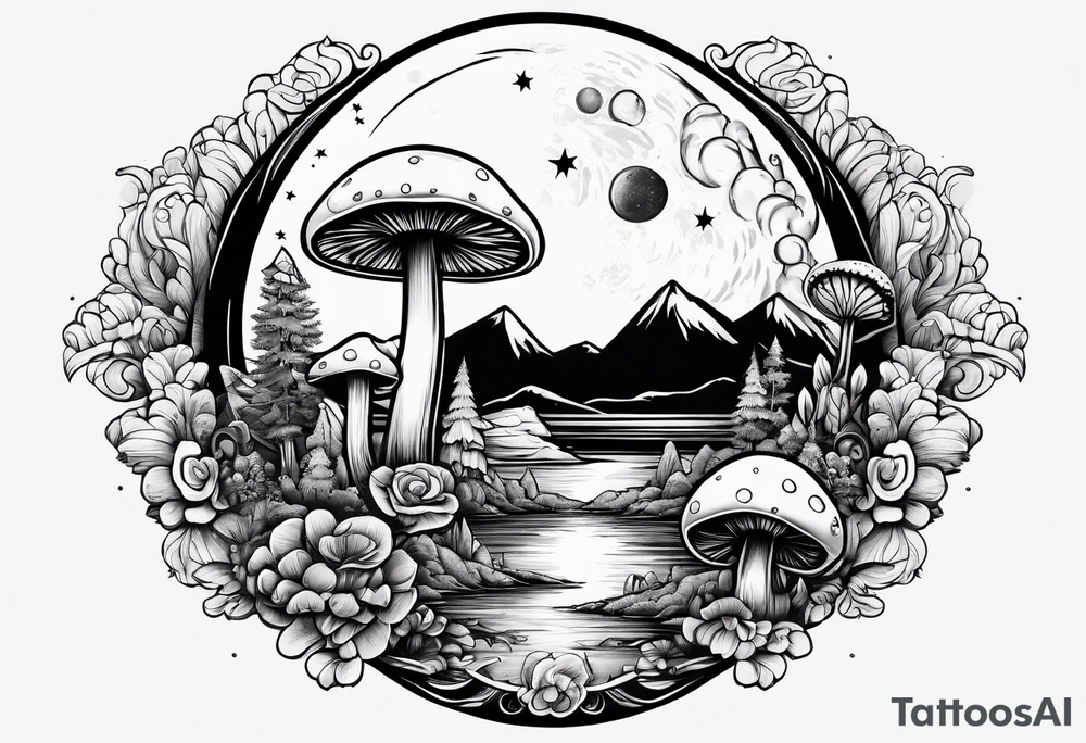 moon with crystals, mushrooms tattoo idea