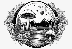 moon with crystals, mushrooms tattoo idea