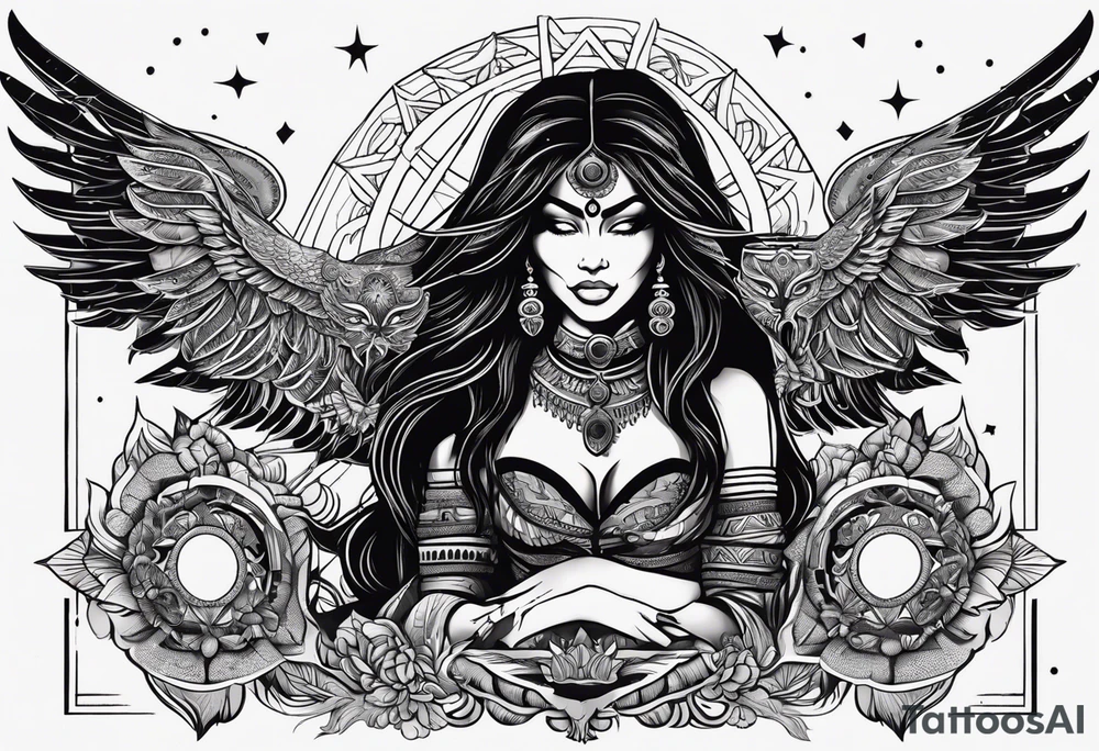black kali, goddess pirate, alien, angel, pachamama, valkrye, warrior, flying, skull, lotus azul, wing, eagle, zenza resonance, stars, 5D, anahata chakra, death, durga, riding on a tiger, flying lady, kundalini, chest tatoo, samuri, rebel,serpent tattoo idea
