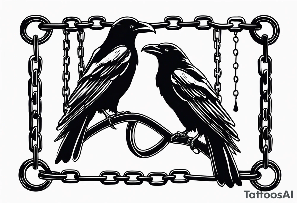 A raven with two skulls hanging from its talons by an old chain tattoo idea