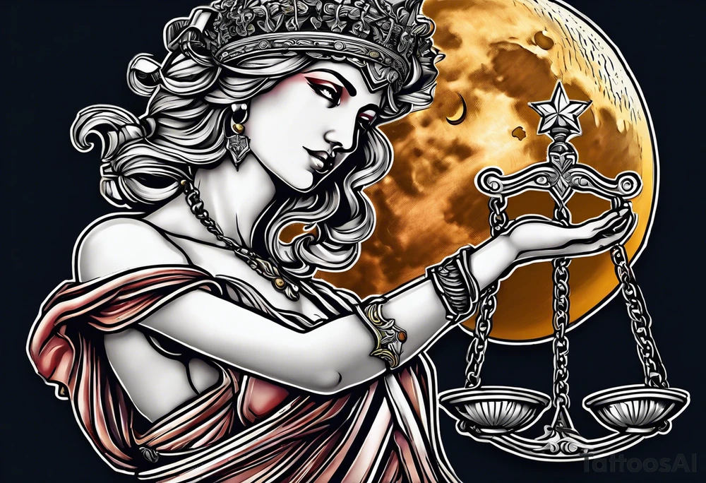 Themis holding the scales of justice while blindfolded with a moon in the background in color tattoo idea