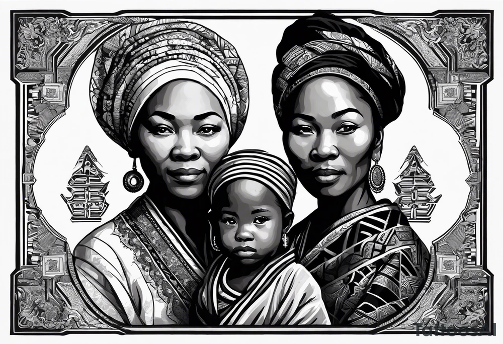 three  people side by side. a really really young african Daughter on the left, a russian mother in the middle, really really old japanes grandmother on the right. greater age difference, in an artfully decorated frame tattoo idea