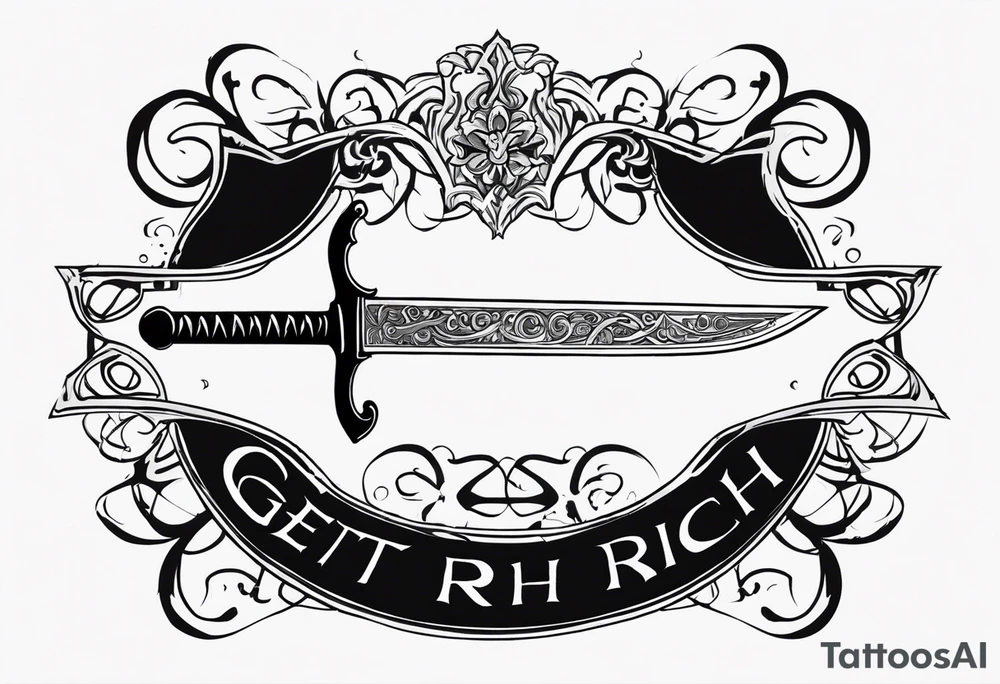 Sketch of a sword in gothic style with added creepy elements and the inscription “get rich” tattoo idea
